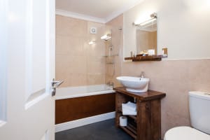 View of Toilet, sink with the bath and shower in the background.